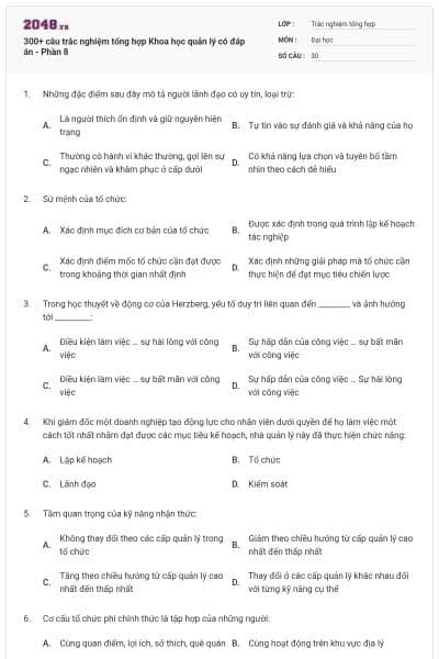 300+ câu trắc nghiệm tổng hợp Khoa học quản lý có đáp án - Phần 8