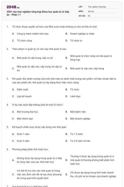 300+ câu trắc nghiệm tổng hợp Khoa học quản lý có đáp án - Phần 11