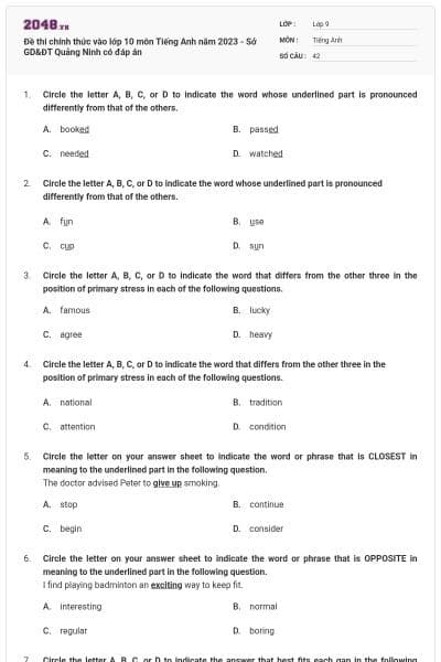 Đề thi chính thức vào lớp 10 môn Tiếng Anh năm 2023 - Sở GD&ĐT Quảng Ninh có đáp án
