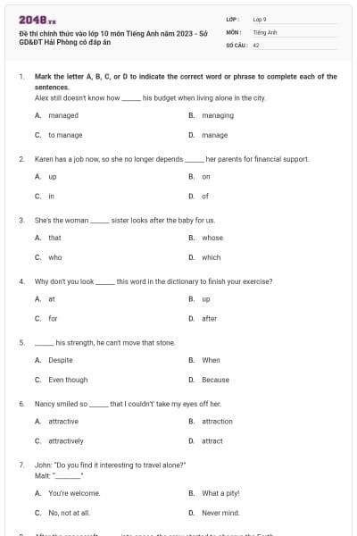 Đề thi chính thức vào lớp 10 môn Tiếng Anh năm 2023 - Sở GD&ĐT Hải Phòng có đáp án