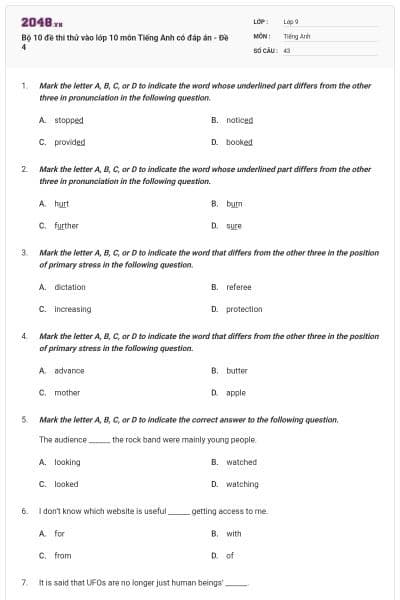 Bộ 10 đề thi thử vào lớp 10 môn Tiếng Anh có đáp án - Đề 4