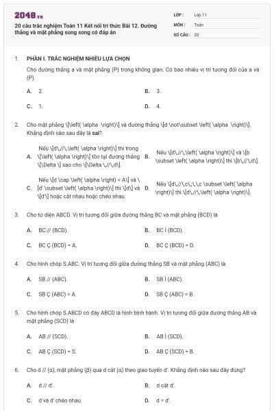 20 câu trắc nghiệm Toán 11 Kết nối tri thức Bài 12. Đường thẳng và mặt phẳng song song có đáp án