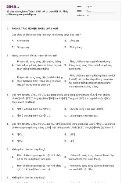 20 câu trắc nghiệm Toán 11 Kết nối tri thức Bài 14. Phép chiếu song song có đáp án