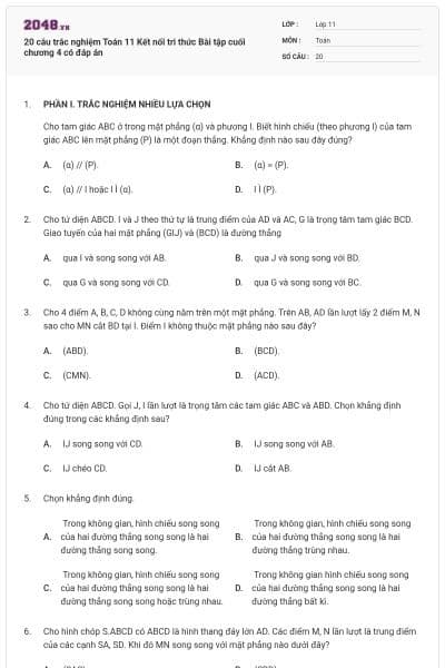20 câu trắc nghiệm Toán 11 Kết nối tri thức Bài tập cuối chương 4 có đáp án