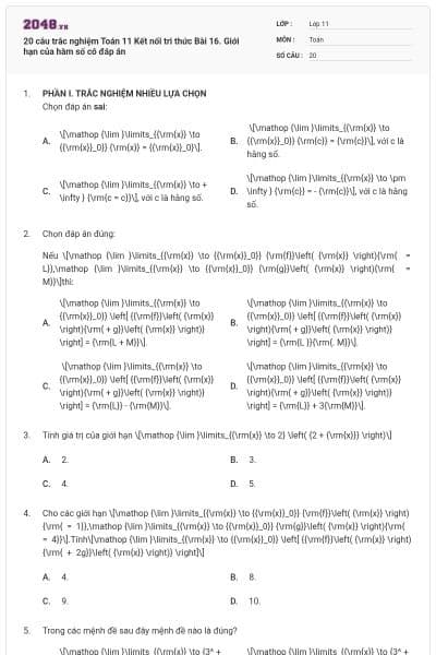20 câu trắc nghiệm Toán 11 Kết nối tri thức Bài 16. Giới hạn của hàm số có đáp án
