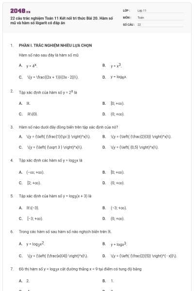 22 câu trắc nghiệm Toán 11 Kết nối tri thức Bài 20. Hàm số mũ và hàm số lôgarit có đáp án