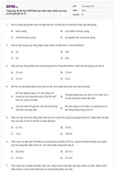 Tổng hợp đề thi thử THPTQG môn Vật lí năm 2020 cực hay có lời giải (Đề số 3)