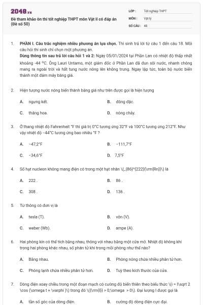 Đề tham khảo ôn thi tốt nghiệp THPT môn Vật lí có đáp án (Đề số 50)