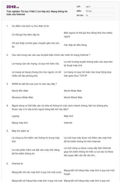 Trắc nghiệm Tin học 9 Bài 2 (có đáp án): Mạng thông tin toàn cầu Internet