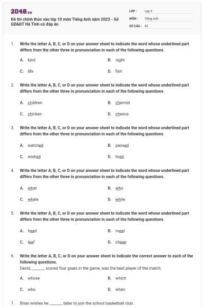 Đề thi chính thức vào lớp 10 môn Tiếng Anh năm 2023 - Sở GD&ĐT Hà Tĩnh có đáp án