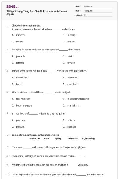 Bài tập từ vựng Tiếng Anh Chủ đề 1: Leisure activities có đáp án