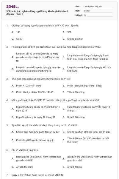 500+ câu trắc nghiệm tổng hợp Chứng khoán phái sinh có đáp án - Phần 3