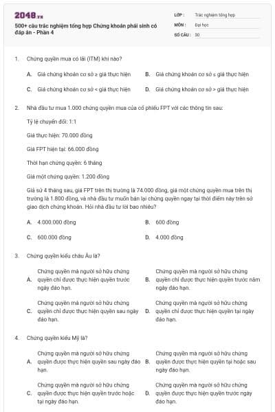 500+ câu trắc nghiệm tổng hợp Chứng khoán phái sinh có đáp án - Phần 4