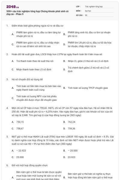 500+ câu trắc nghiệm tổng hợp Chứng khoán phái sinh có đáp án - Phần 9