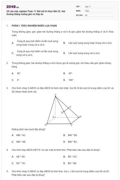 20 câu trắc nghiệm Toán 11 Kết nối tri thức Bài 22. Hai đường thẳng vuông góc có đáp án