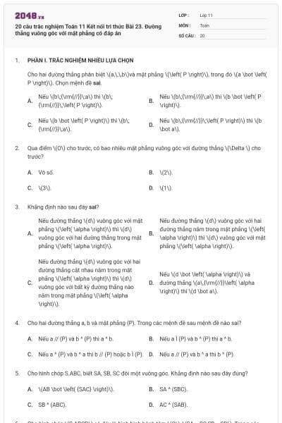 20 câu trắc nghiệm Toán 11 Kết nối tri thức Bài 23. Đường thẳng vuông góc với mặt phẳng có đáp án