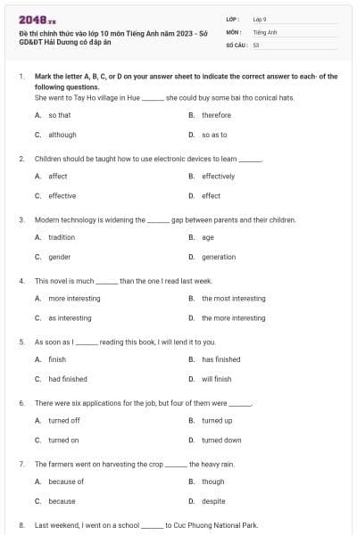 Đề thi chính thức vào lớp 10 môn Tiếng Anh năm 2023 - Sở GD&ĐT Hải Dương có đáp án