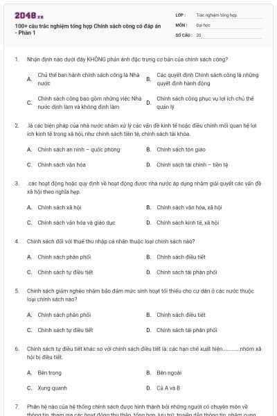 100+ câu trắc nghiệm tổng hợp Chính sách công có đáp án - Phần 1