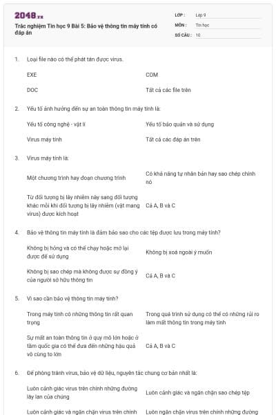 Trắc nghiệm Tin học 9 Bài 5: Bảo vệ thông tin máy tính có đáp án