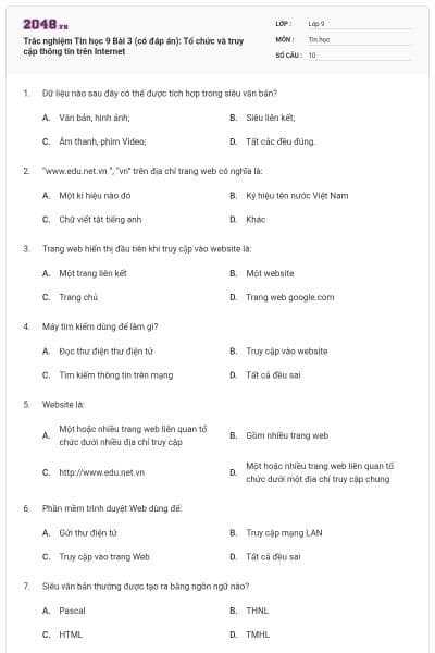 Trắc nghiệm Tin học 9 Bài 3 (có đáp án): Tổ chức và truy cập thông tin trên Internet