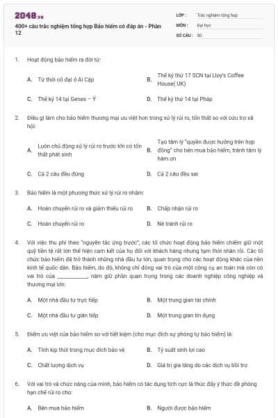 400+ câu trắc nghiệm tổng hợp Bảo hiểm có đáp án - Phần 12