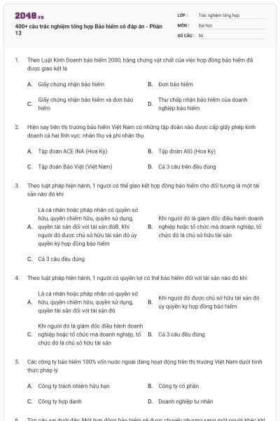 400+ câu trắc nghiệm tổng hợp Bảo hiểm có đáp án - Phần 13