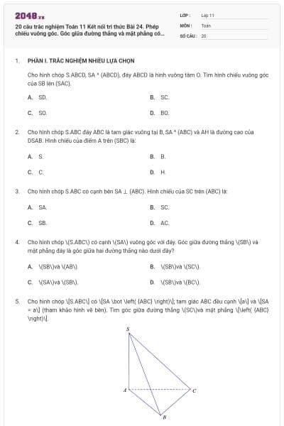 20 câu trắc nghiệm Toán 11 Kết nối tri thức Bài 24. Phép chiếu vuông góc. Góc giữa đường thẳng và mặt phẳng có đáp án