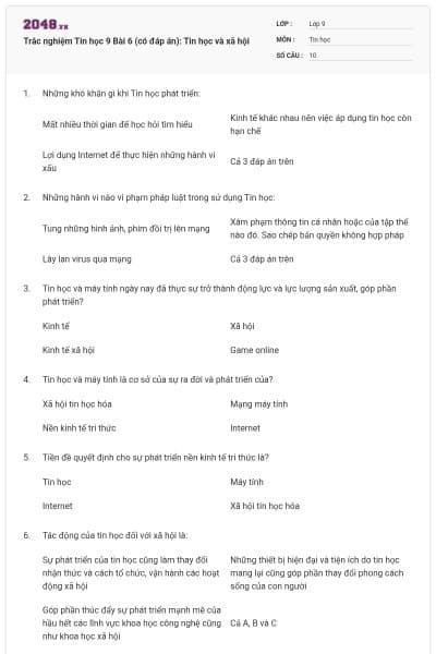 Trắc nghiệm Tin học 9 Bài 6 (có đáp án): Tin học và xã hội