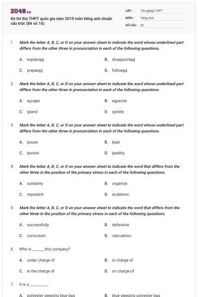 Đề thi thử THPT quốc gia năm 2019 môn tiếng anh chuẩn cấu trúc (Đề số 16)