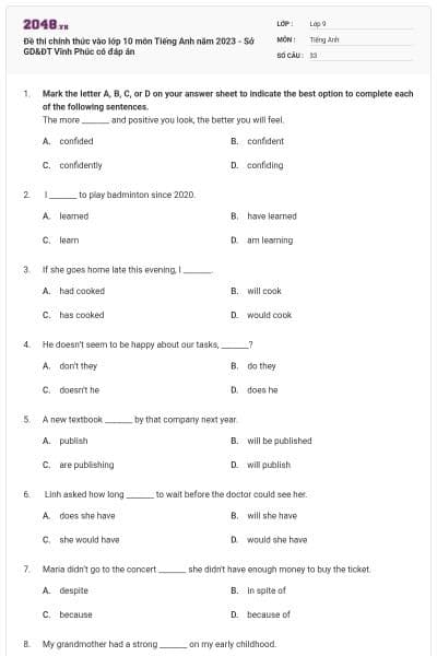 Đề thi chính thức vào lớp 10 môn Tiếng Anh năm 2023 - Sở GD&ĐT Vĩnh Phúc có đáp án