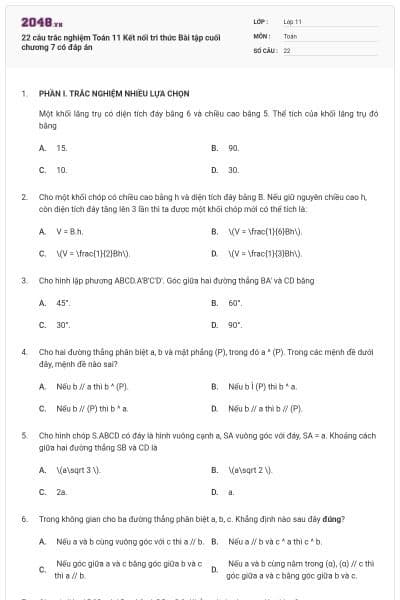 22 câu trắc nghiệm Toán 11 Kết nối tri thức Bài tập cuối chương 7 có đáp án