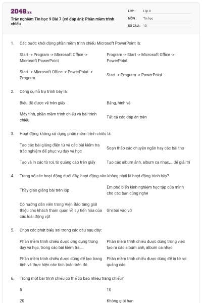 Trắc nghiệm Tin học 9 Bài 7 (có đáp án): Phần mềm trình chiếu
