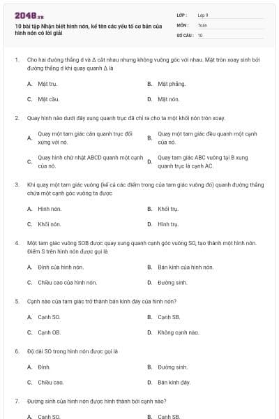 10 bài tập Nhận biết hình nón, kể tên các yếu tố cơ bản của hình nón có lời giải