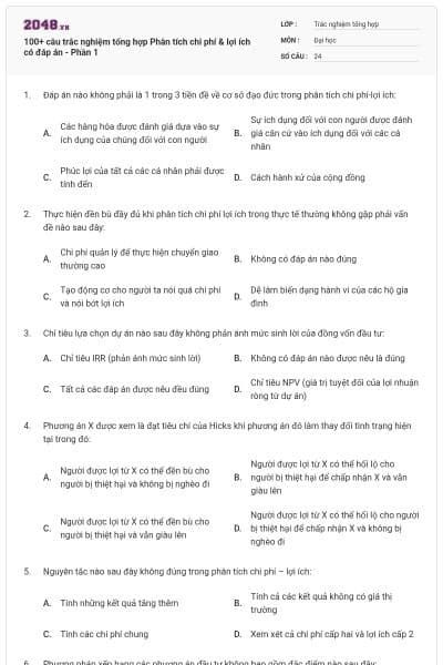 100+ câu trắc nghiệm tổng hợp Phân tích chi phí & lợi ích có đáp án - Phần 1