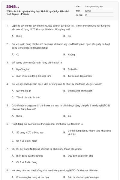 200+ câu trắc nghiệm tổng hợp Kinh tế nguồn lực tài chính 1 có đáp án - Phần 6