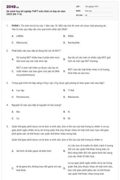 Đề minh hoạ tốt nghiệp THPT môn Sinh có đáp án năm 2025 (Đề 113)