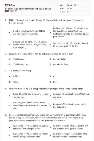 Đề minh hoạ tốt nghiệp THPT môn Sinh có đáp án năm 2025 (Đề 115)