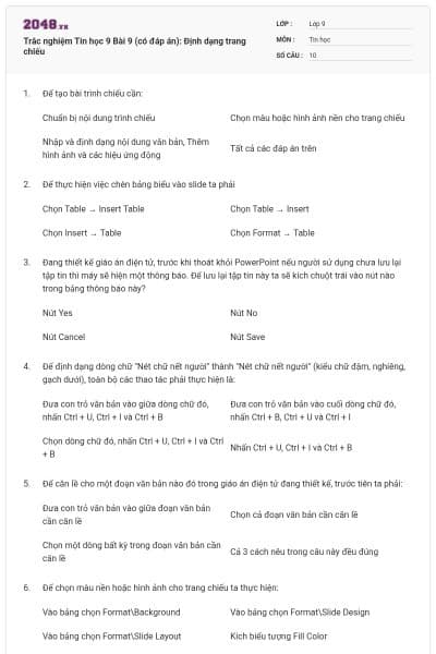 Trắc nghiệm Tin học 9 Bài 9 (có đáp án): Định dạng trang chiếu