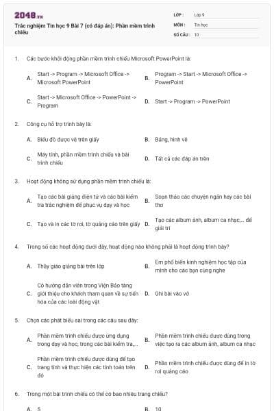 Trắc nghiệm Tin học 9 Bài 7 (có đáp án): Phần mềm trình chiếu