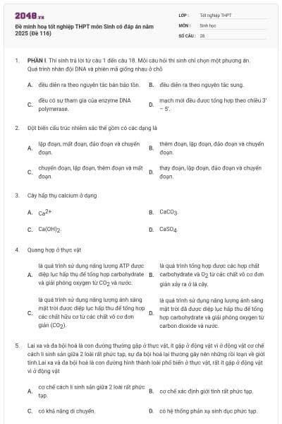 Đề minh hoạ tốt nghiệp THPT môn Sinh có đáp án năm 2025 (Đề 116)
