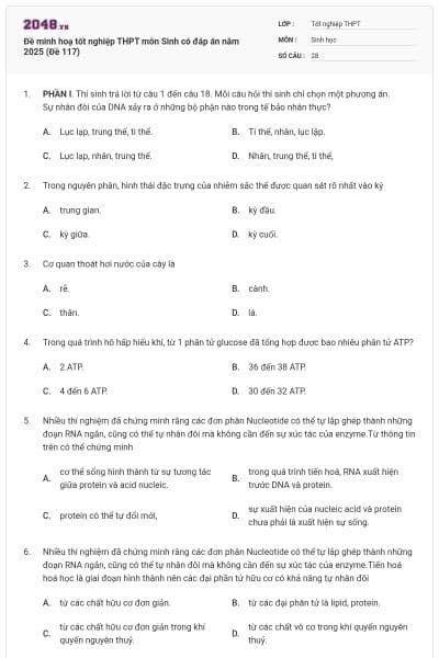 Đề minh hoạ tốt nghiệp THPT môn Sinh có đáp án năm 2025 (Đề 117)