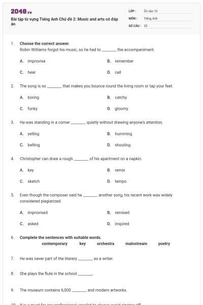 Bài tập từ vựng Tiếng Anh Chủ đề 2: Music and arts có đáp án