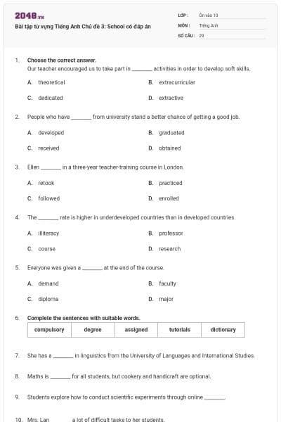 Bài tập từ vựng Tiếng Anh Chủ đề 3: School có đáp án