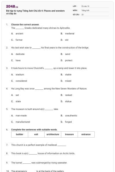 Bài tập từ vựng Tiếng Anh Chủ đề 4: Places and wonders có đáp án