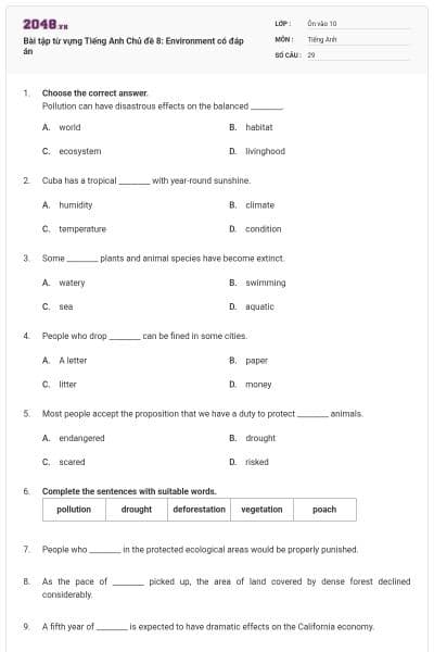 Bài tập từ vựng Tiếng Anh Chủ đề 8: Environment có đáp án