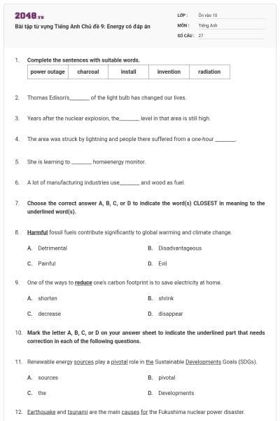 Bài tập từ vựng Tiếng Anh Chủ đề 9: Energy có đáp án