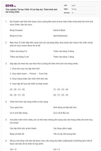 Trắc nghiệm Tin học 9 Bài 10 (có đáp án): Thêm hình ảnh vào trang chiếu