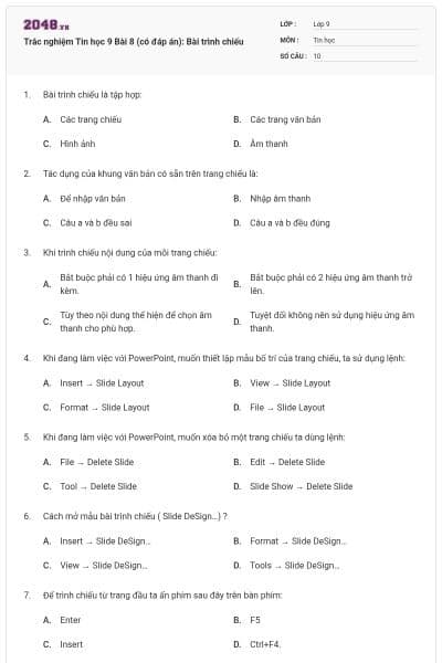 Trắc nghiệm Tin học 9 Bài 8 (có đáp án): Bài trình chiếu