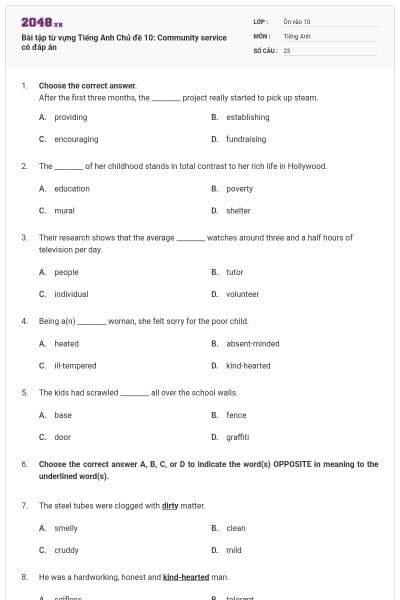 Bài tập từ vựng Tiếng Anh Chủ đề 10: Community service có đáp án