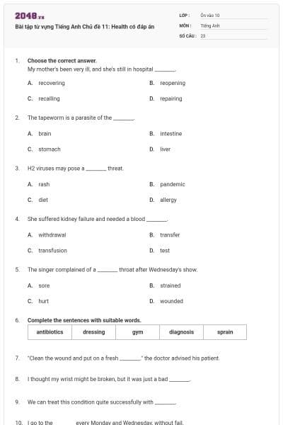 Bài tập từ vựng Tiếng Anh Chủ đề 11: Health có đáp án
